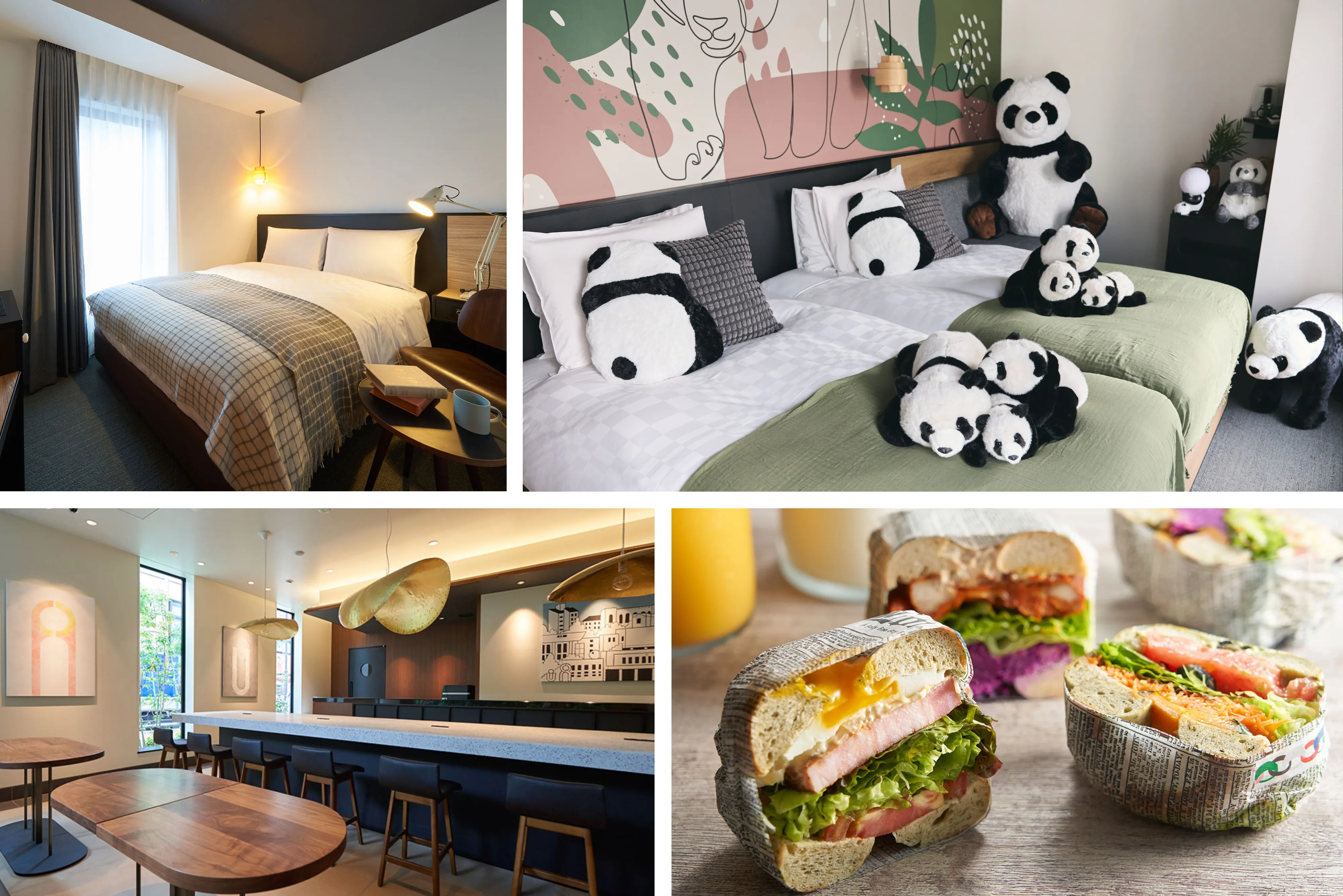 ホテルリソル上野「パンダルーム」「ゲストルーム」「リビングロビー」「ベーグルサンド」