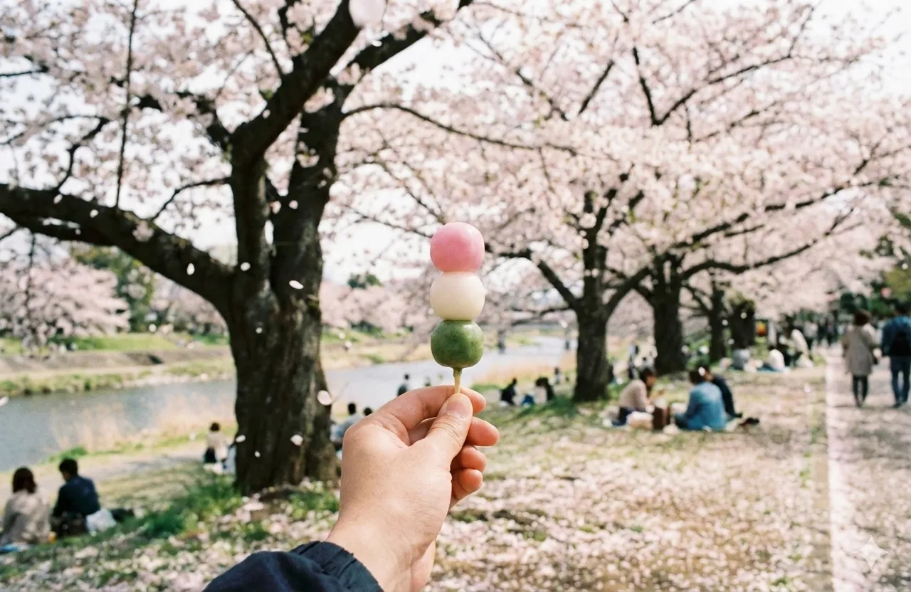桜の木の下に差し出された三色団子