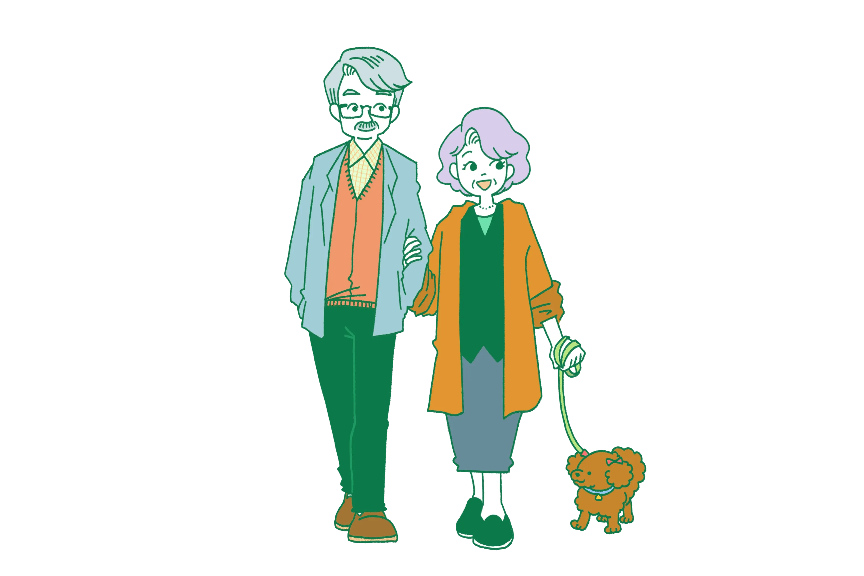 夫婦が犬の散歩をするイラスト