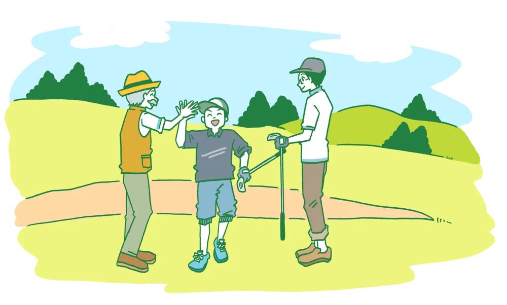 3世代でゴルフをするイラスト