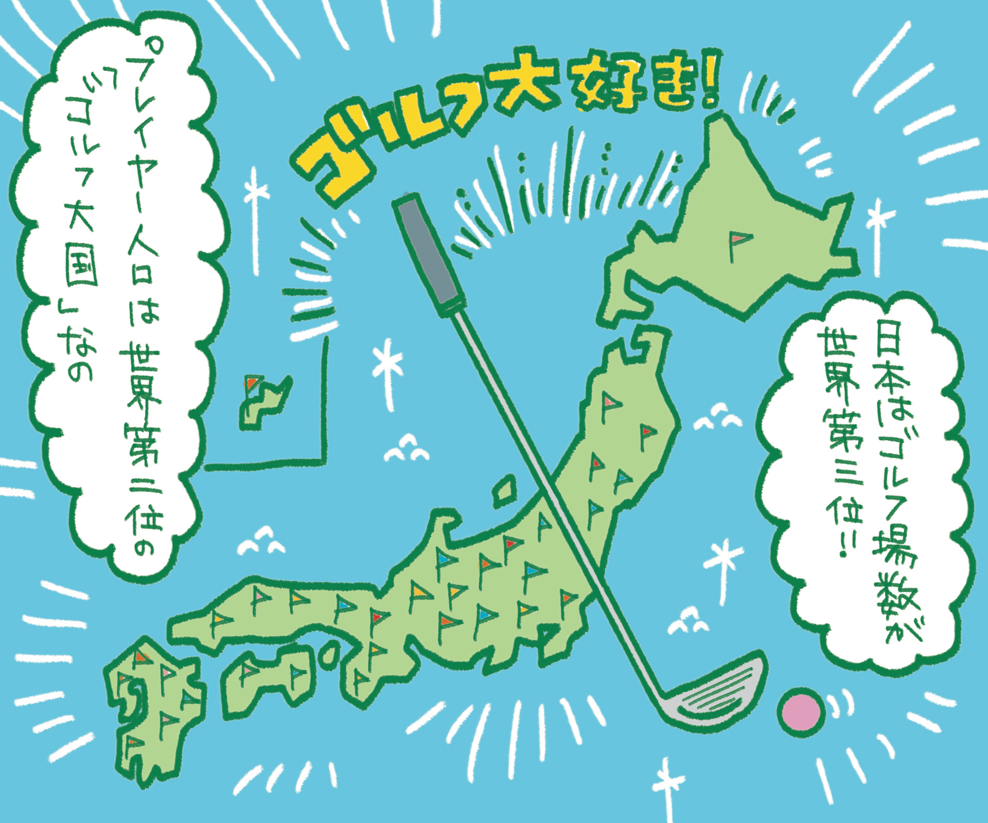 日本はゴルフ場数もプレイヤー人口も世界トップクラスのゴルフ大国であることを紹介するマンガ
