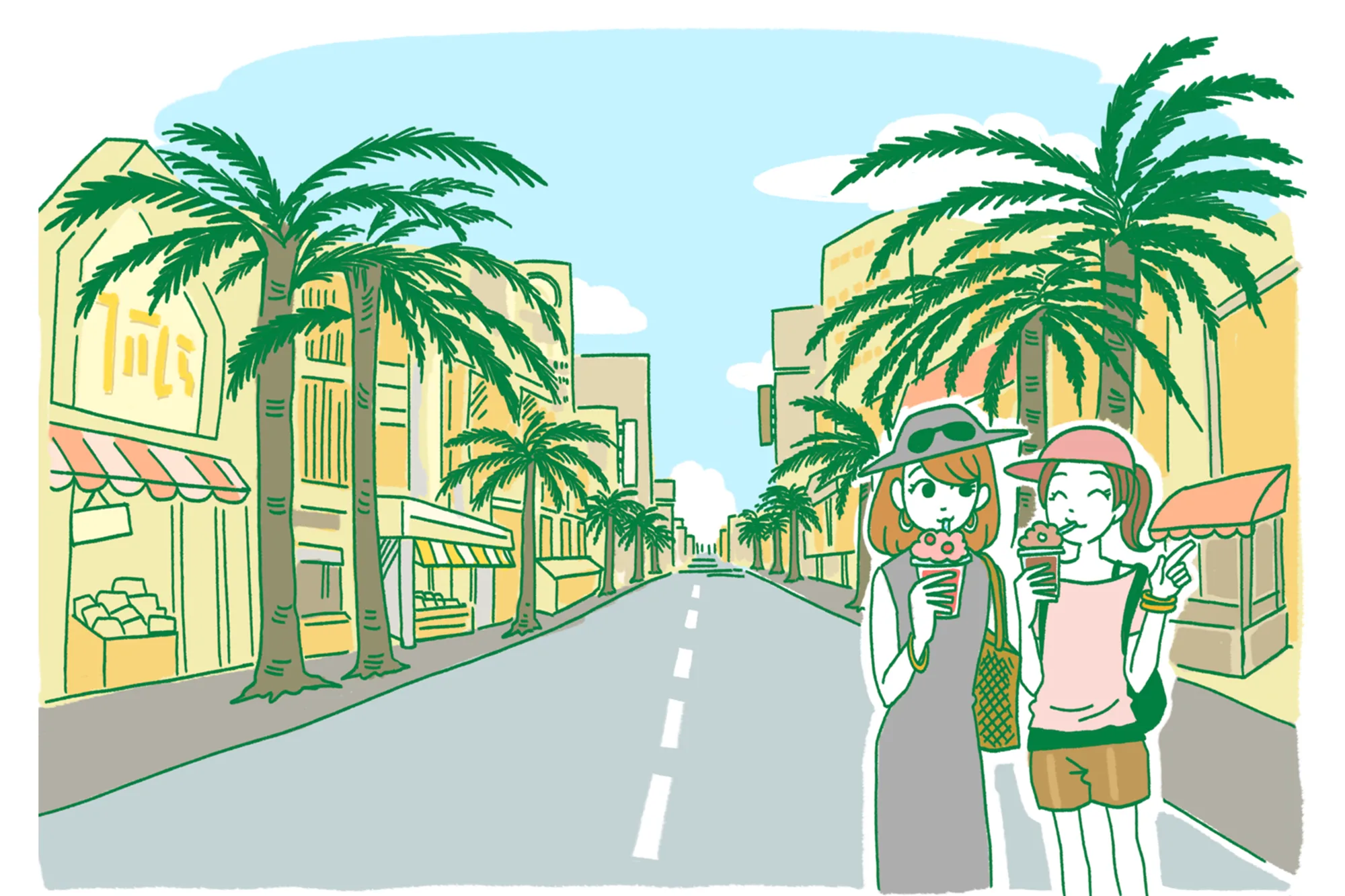 沖縄の街を歩く観光客のイラスト