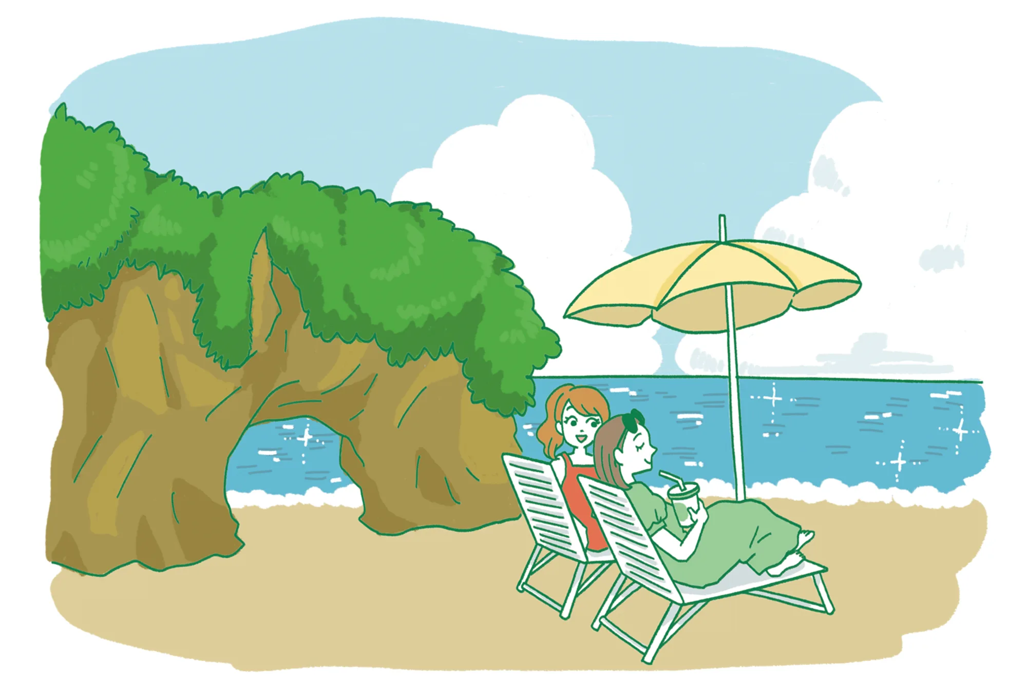 沖縄のビーチで過ごす観光客のイラスト