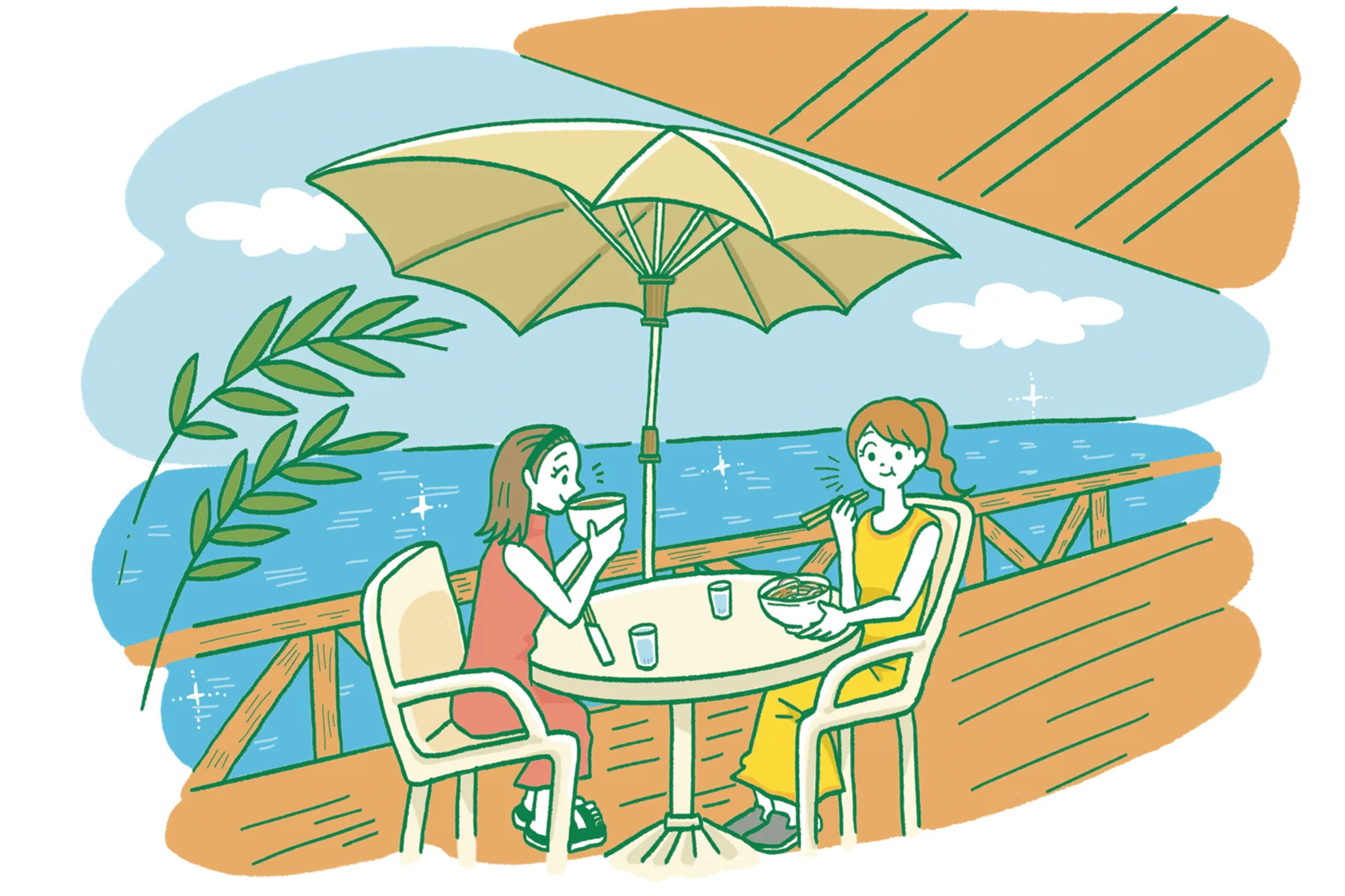 海辺で沖縄料理を楽しむ観光客のイラスト