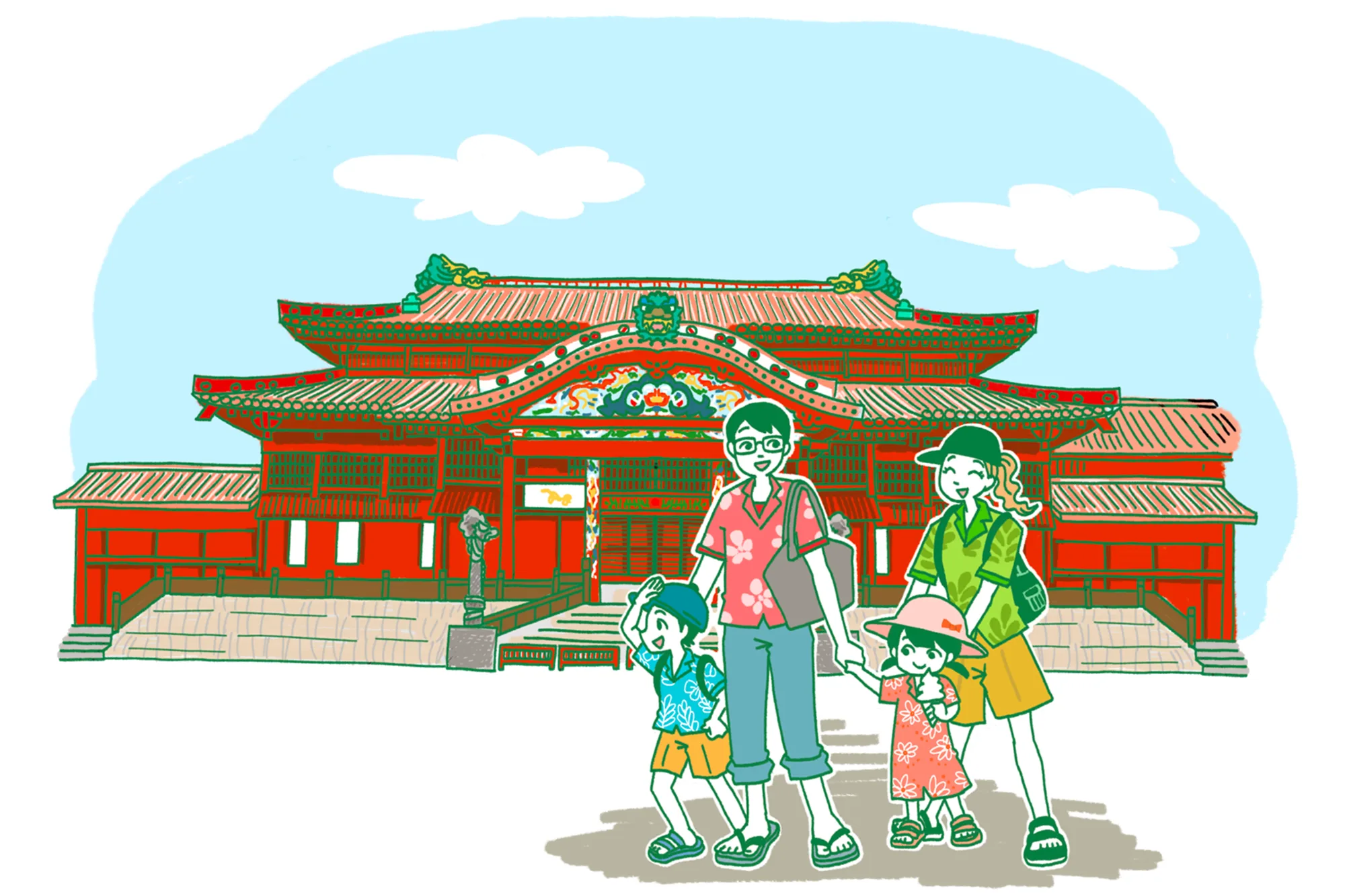 首里城を訪れる観光客のイラスト