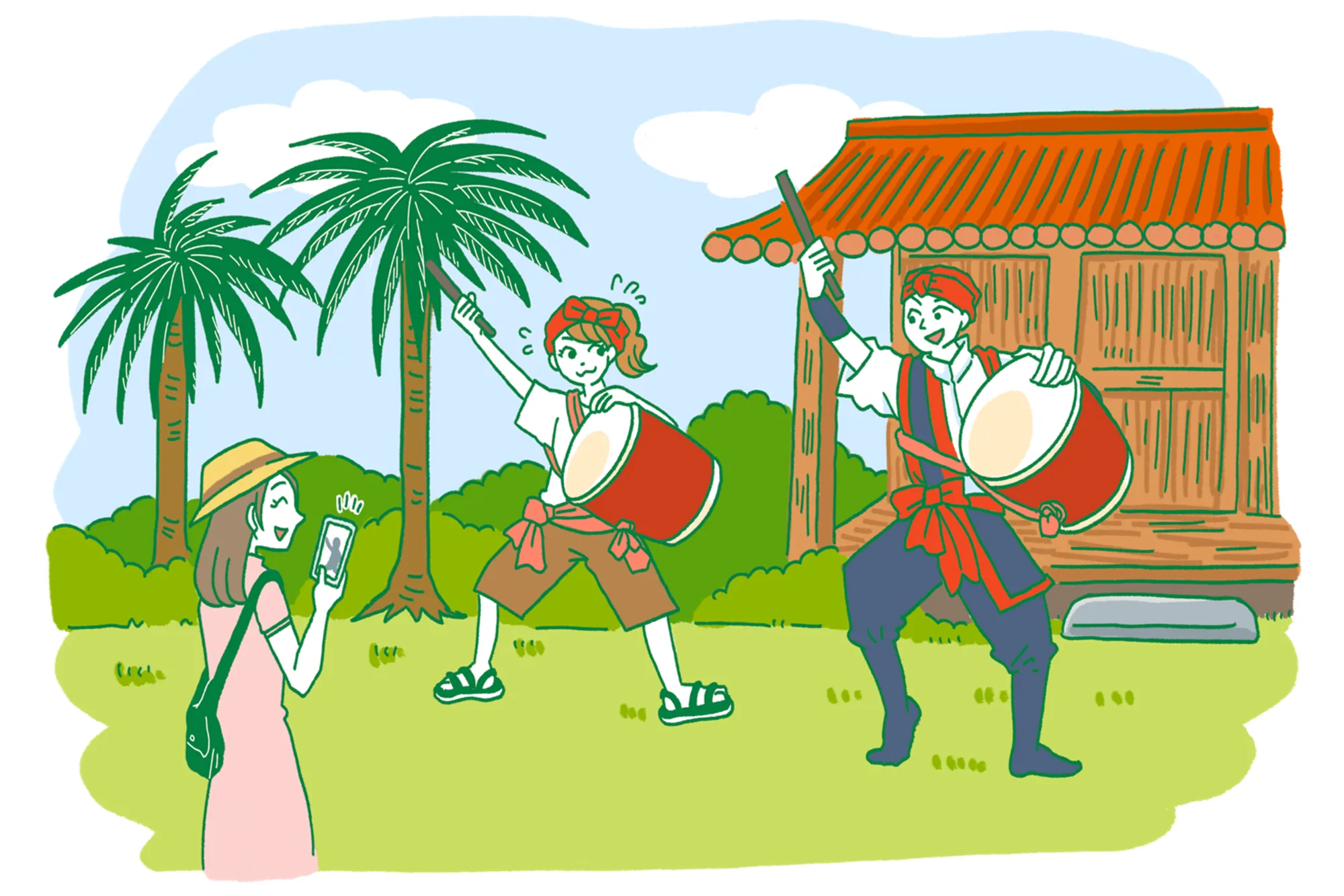 沖縄でゴルフを楽しむ人々のイラスト