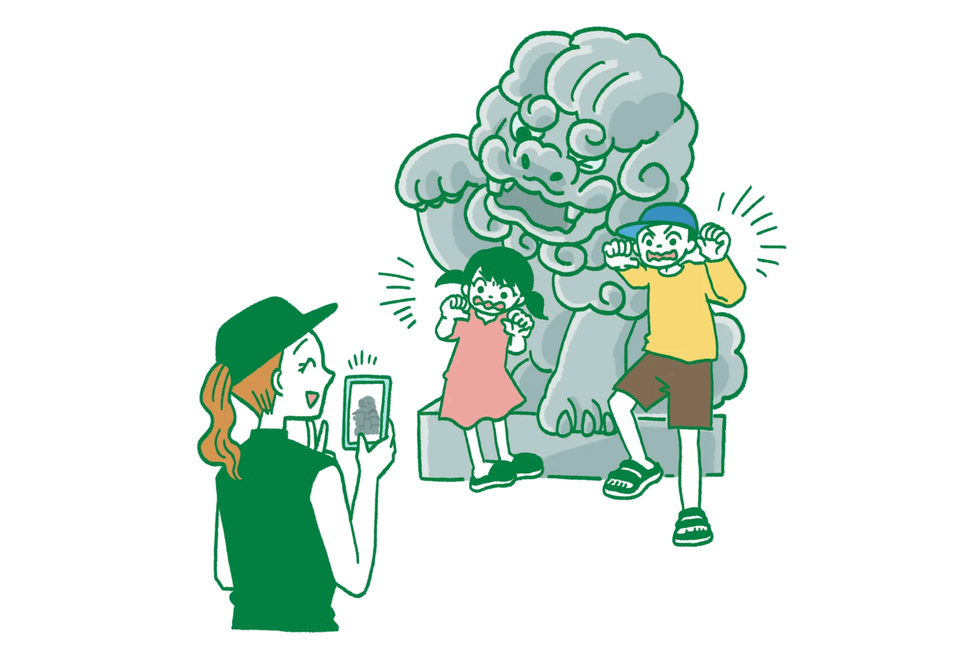 沖縄の伝統文化を楽しむ観光客のイラスト